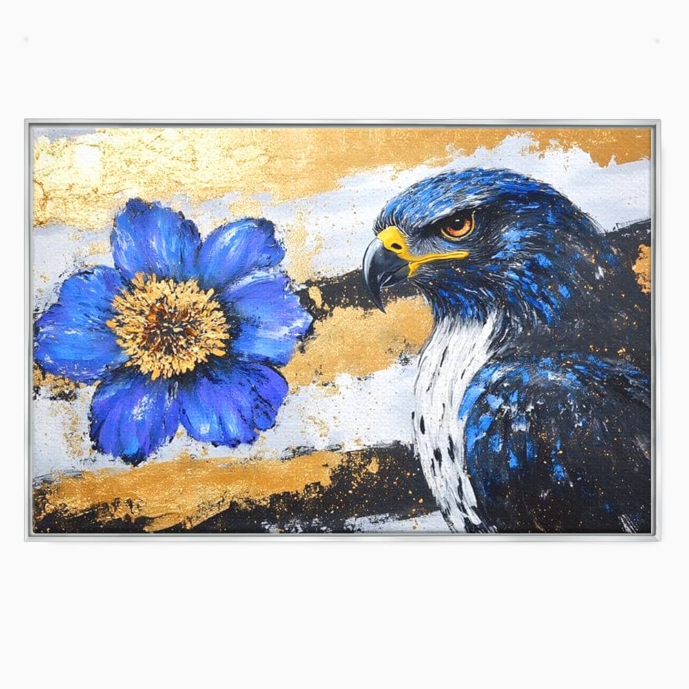 Tablou Canvas Premium, LuxCanva® M1089, Simbioza Regala, Soim, Floare, Petale, Textura, Auriu, Arta, Eleganta, Contrast, Pictura, Detalii, Cobalt, Regal, Birou, Living, Camera Copil