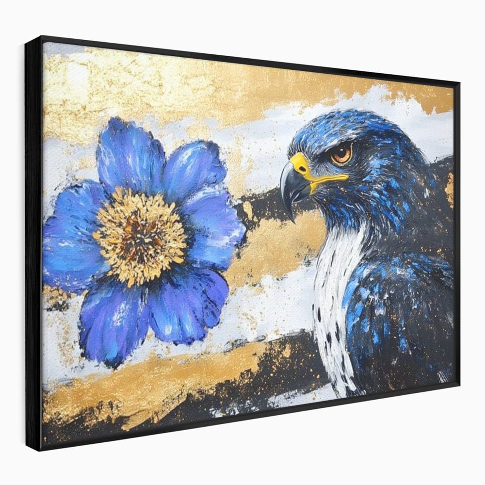 Tablou Canvas Premium, LuxCanva® M1089, Simbioza Regala, Soim, Floare, Petale, Textura, Auriu, Arta, Eleganta, Contrast, Pictura, Detalii, Cobalt, Regal, Birou, Living, Camera Copil