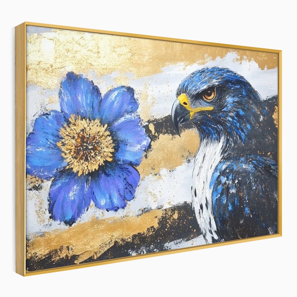 Tablou Canvas Premium, LuxCanva® M1089, Simbioza Regala, Soim, Floare, Petale, Textura, Auriu, Arta, Eleganta, Contrast, Pictura, Detalii, Cobalt, Regal, Birou, Living, Camera Copil
