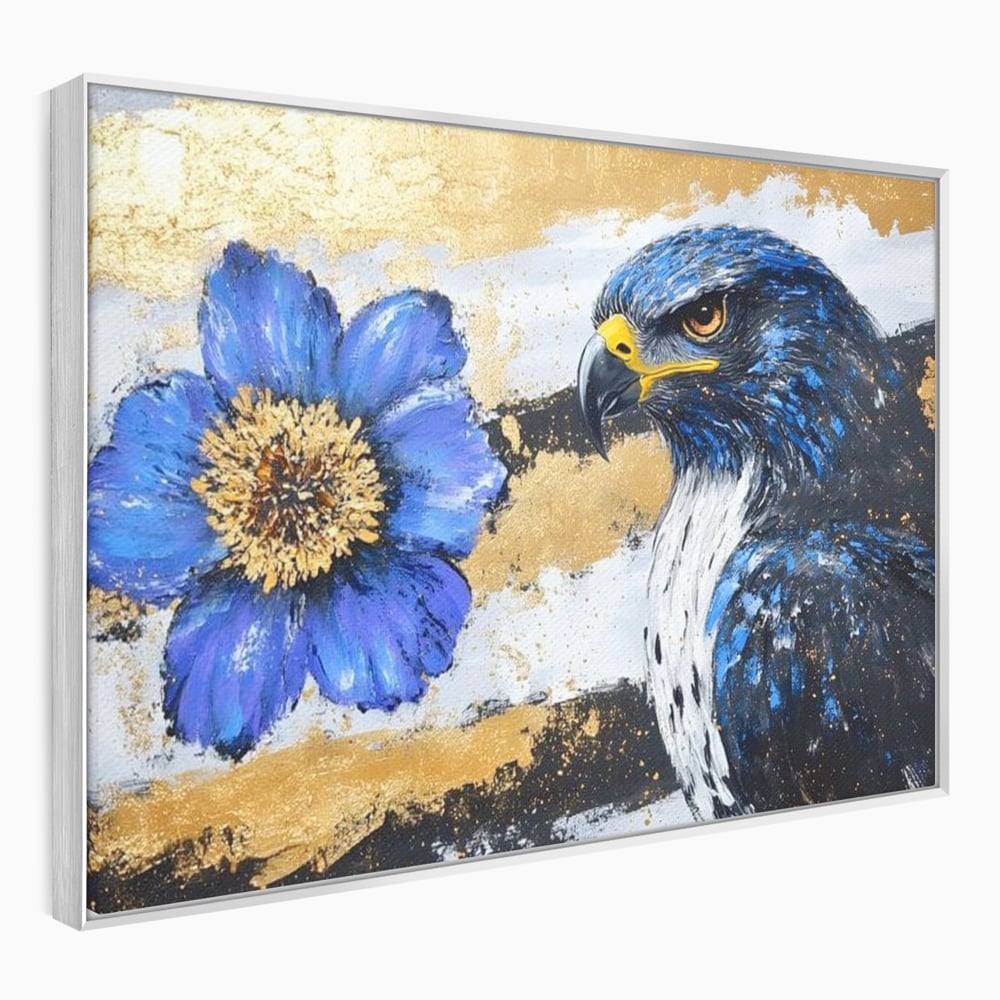 Tablou Canvas Premium, LuxCanva® M1089, Simbioza Regala, Soim, Floare, Petale, Textura, Auriu, Arta, Eleganta, Contrast, Pictura, Detalii, Cobalt, Regal, Birou, Living, Camera Copil