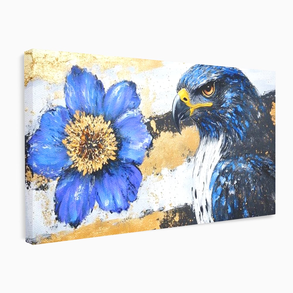 Tablou Canvas Premium, LuxCanva® M1089, Simbioza Regala, Soim, Floare, Petale, Textura, Auriu, Arta, Eleganta, Contrast, Pictura, Detalii, Cobalt, Regal, Birou, Living, Camera Copil