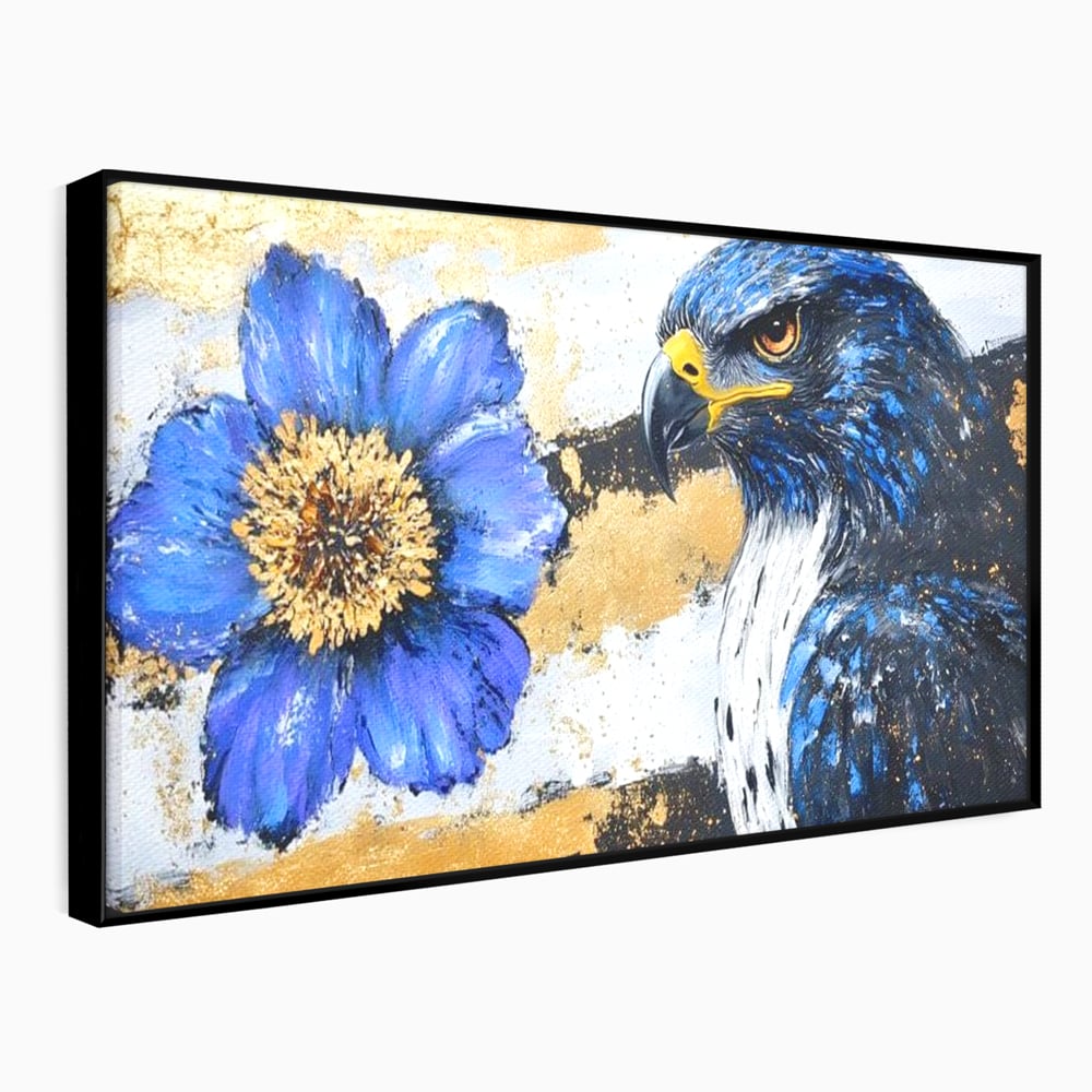 Tablou Canvas Premium, LuxCanva® M1089, Simbioza Regala, Soim, Floare, Petale, Textura, Auriu, Arta, Eleganta, Contrast, Pictura, Detalii, Cobalt, Regal, Birou, Living, Camera Copil