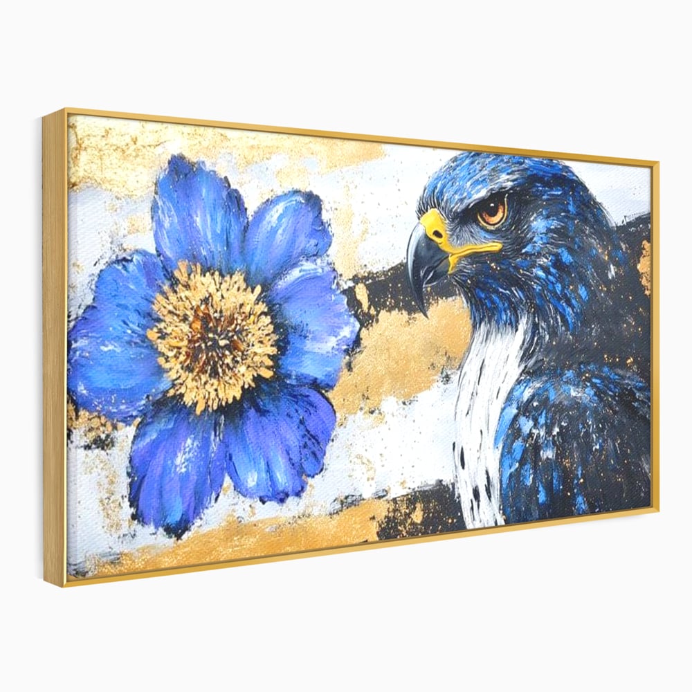 Tablou Canvas Premium, LuxCanva® M1089, Simbioza Regala, Soim, Floare, Petale, Textura, Auriu, Arta, Eleganta, Contrast, Pictura, Detalii, Cobalt, Regal, Birou, Living, Camera Copil