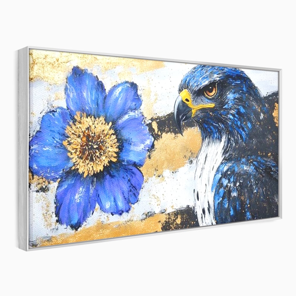 Tablou Canvas Premium, LuxCanva® M1089, Simbioza Regala, Soim, Floare, Petale, Textura, Auriu, Arta, Eleganta, Contrast, Pictura, Detalii, Cobalt, Regal, Birou, Living, Camera Copil