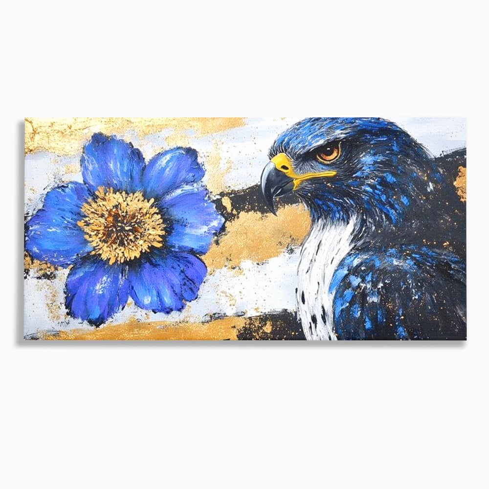 Tablou Canvas Premium, LuxCanva® M1089, Simbioza Regala, Soim, Floare, Petale, Textura, Auriu, Arta, Eleganta, Contrast, Pictura, Detalii, Cobalt, Regal, Birou, Living, Camera Copil