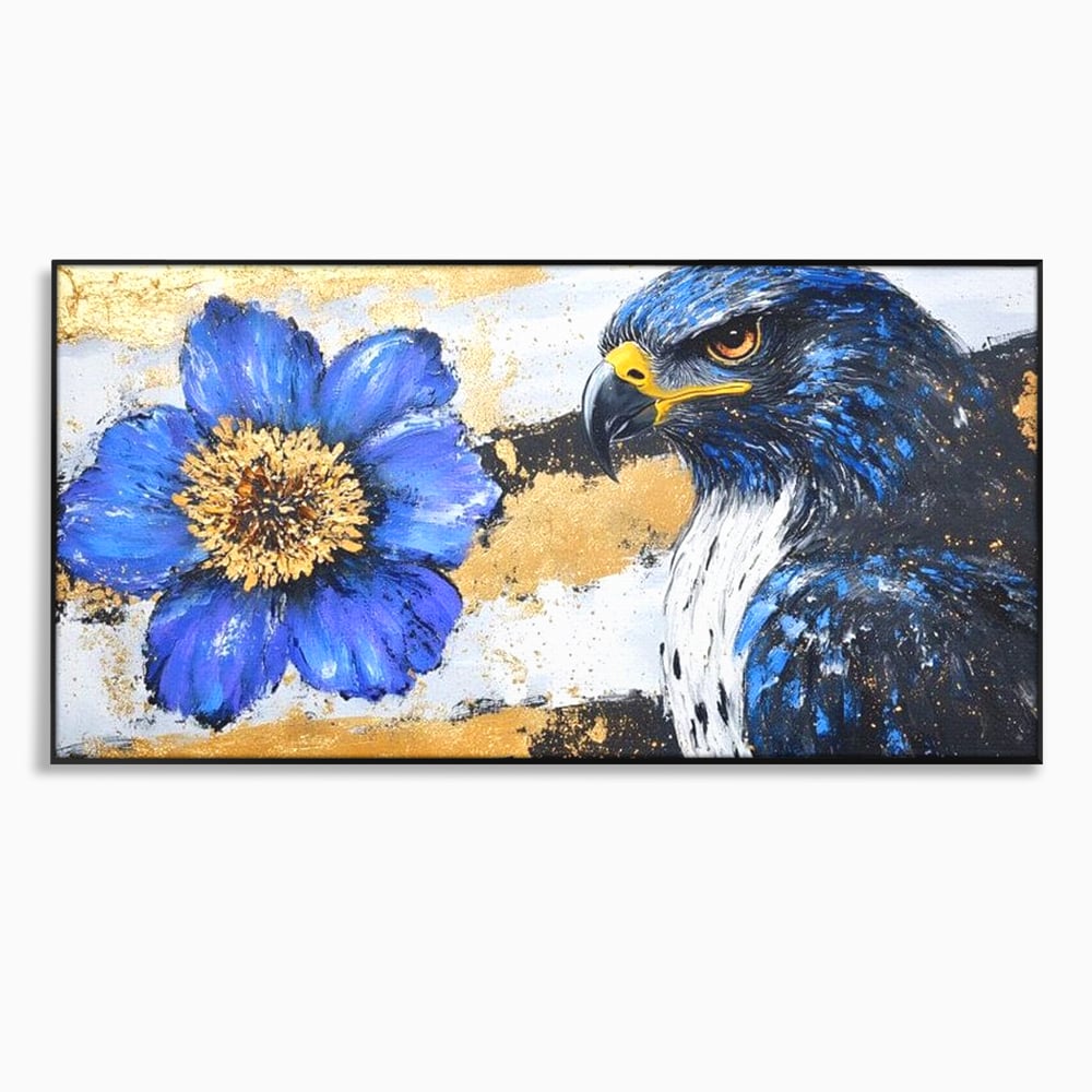 Tablou Canvas Premium, LuxCanva® M1089, Simbioza Regala, Soim, Floare, Petale, Textura, Auriu, Arta, Eleganta, Contrast, Pictura, Detalii, Cobalt, Regal, Birou, Living, Camera Copil