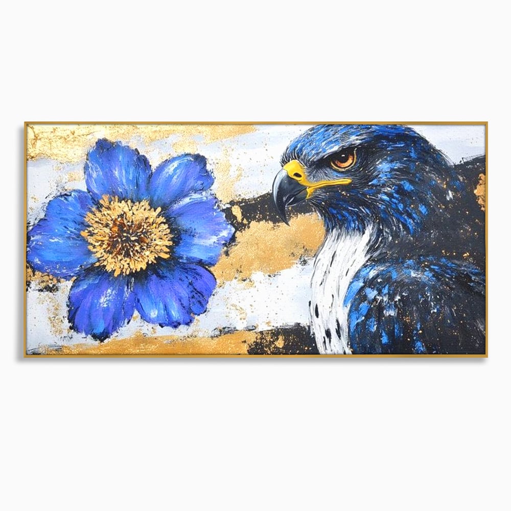 Tablou Canvas Premium, LuxCanva® M1089, Simbioza Regala, Soim, Floare, Petale, Textura, Auriu, Arta, Eleganta, Contrast, Pictura, Detalii, Cobalt, Regal, Birou, Living, Camera Copil