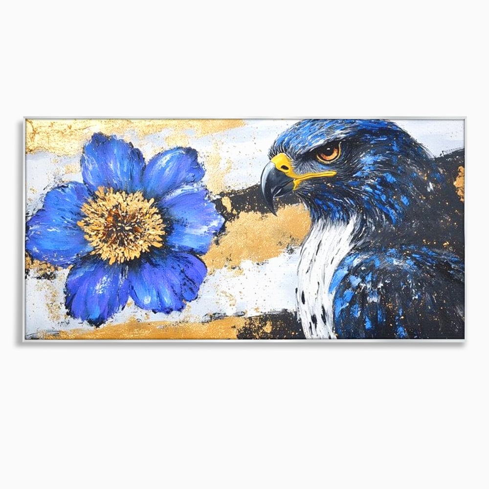 Tablou Canvas Premium, LuxCanva® M1089, Simbioza Regala, Soim, Floare, Petale, Textura, Auriu, Arta, Eleganta, Contrast, Pictura, Detalii, Cobalt, Regal, Birou, Living, Camera Copil