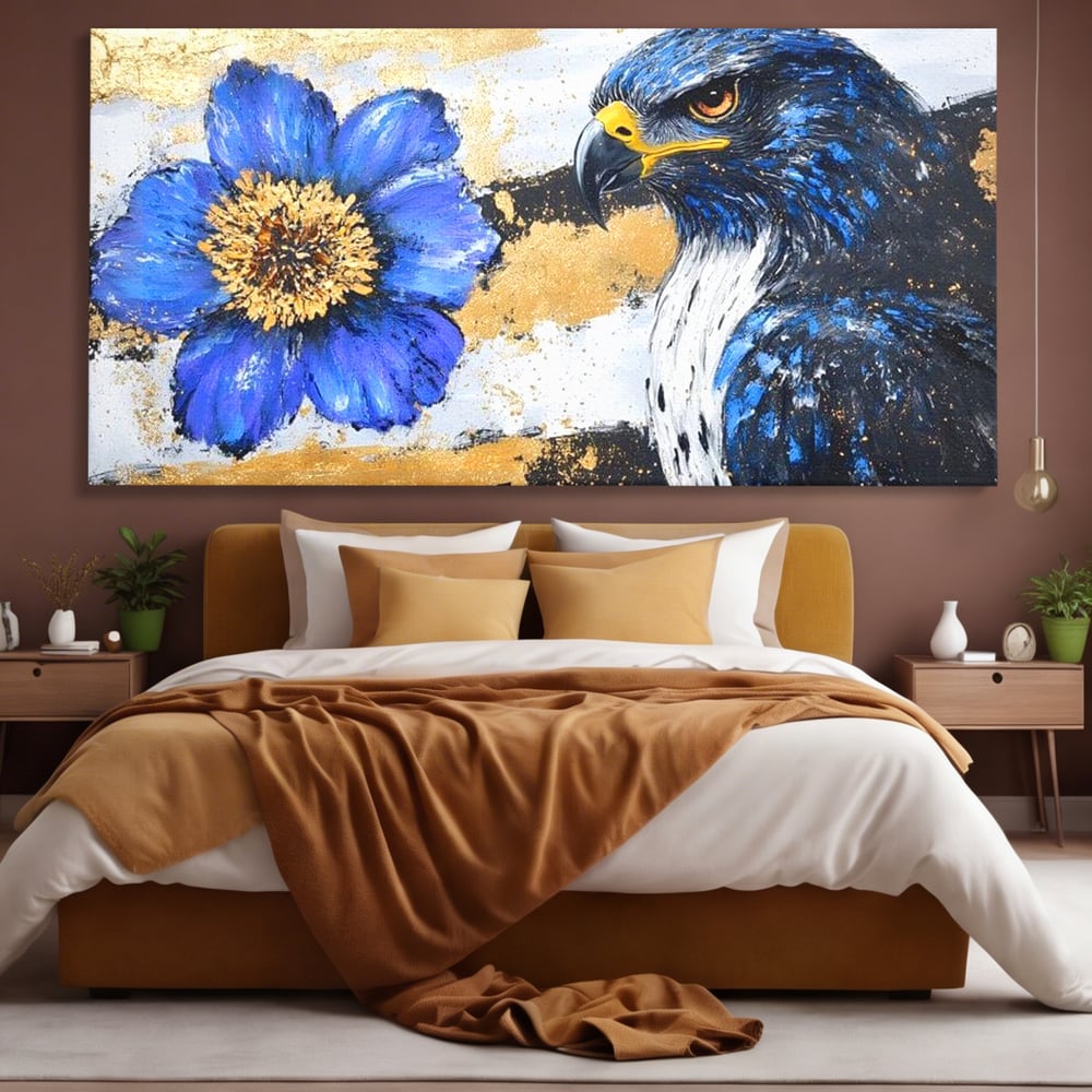 Tablou Canvas Premium, LuxCanva® M1089, Simbioza Regala, Soim, Floare, Petale, Textura, Auriu, Arta, Eleganta, Contrast, Pictura, Detalii, Cobalt, Regal, Birou, Living, Camera Copil