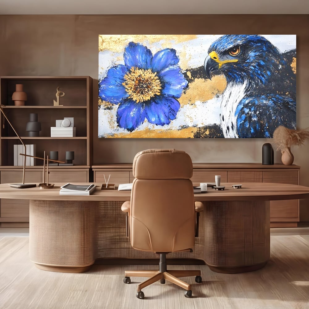 Tablou Canvas Premium, LuxCanva® M1089, Simbioza Regala, Soim, Floare, Petale, Textura, Auriu, Arta, Eleganta, Contrast, Pictura, Detalii, Cobalt, Regal, Birou, Living, Camera Copil