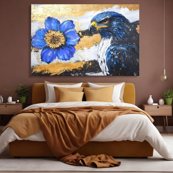 Tablou Canvas Premium, LuxCanva® M1089, Simbioza Regala, Soim, Floare, Petale, Textura, Auriu, Arta, Eleganta, Contrast, Pictura, Detalii, Cobalt, Regal, Birou, Living, Camera Copil