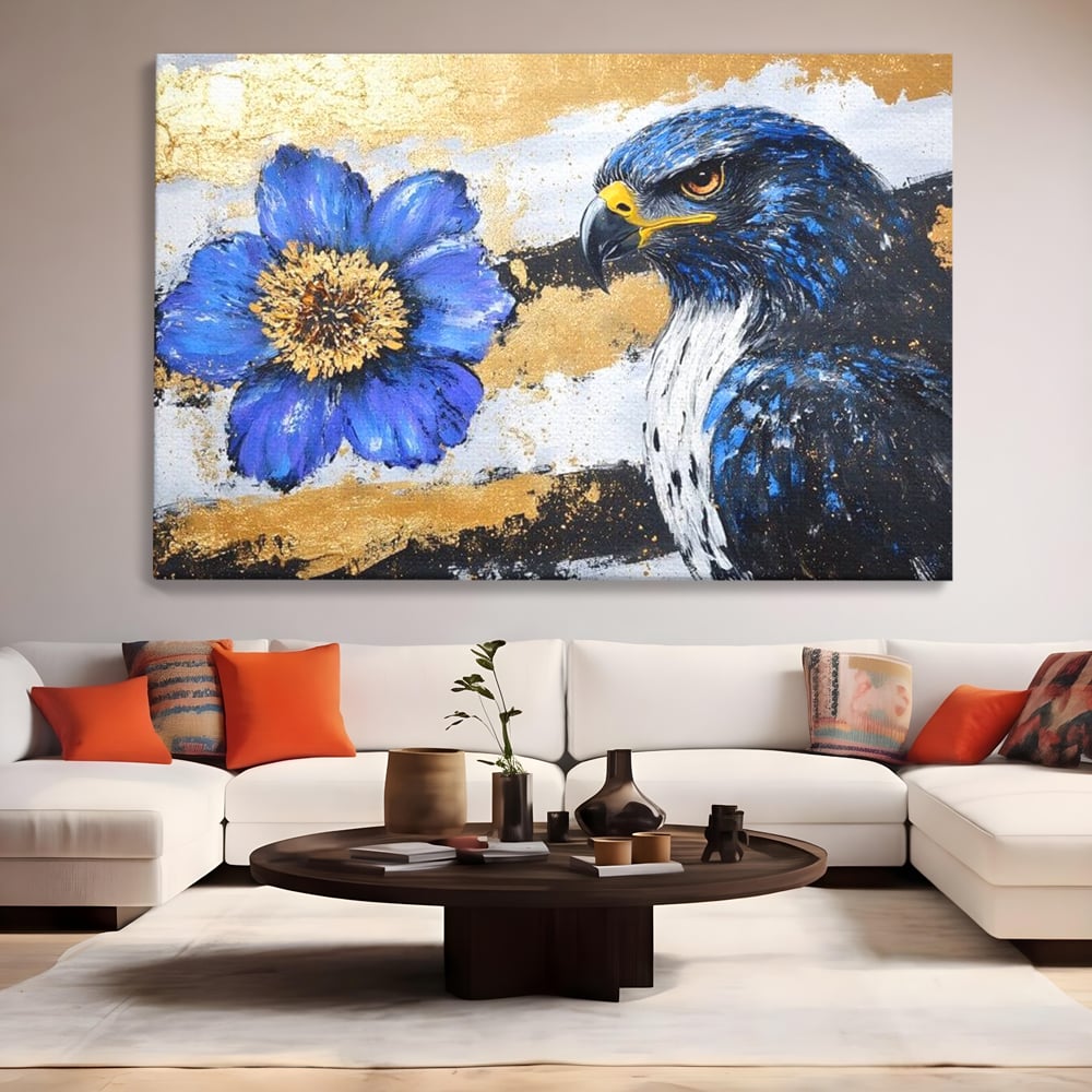 Tablou Canvas Premium, LuxCanva® M1089, Simbioza Regala, Soim, Floare, Petale, Textura, Auriu, Arta, Eleganta, Contrast, Pictura, Detalii, Cobalt, Regal, Birou, Living, Camera Copil