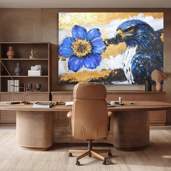 Tablou Canvas Premium, LuxCanva® M1089, Simbioza Regala, Soim, Floare, Petale, Textura, Auriu, Arta, Eleganta, Contrast, Pictura, Detalii, Cobalt, Regal, Birou, Living, Camera Copil
