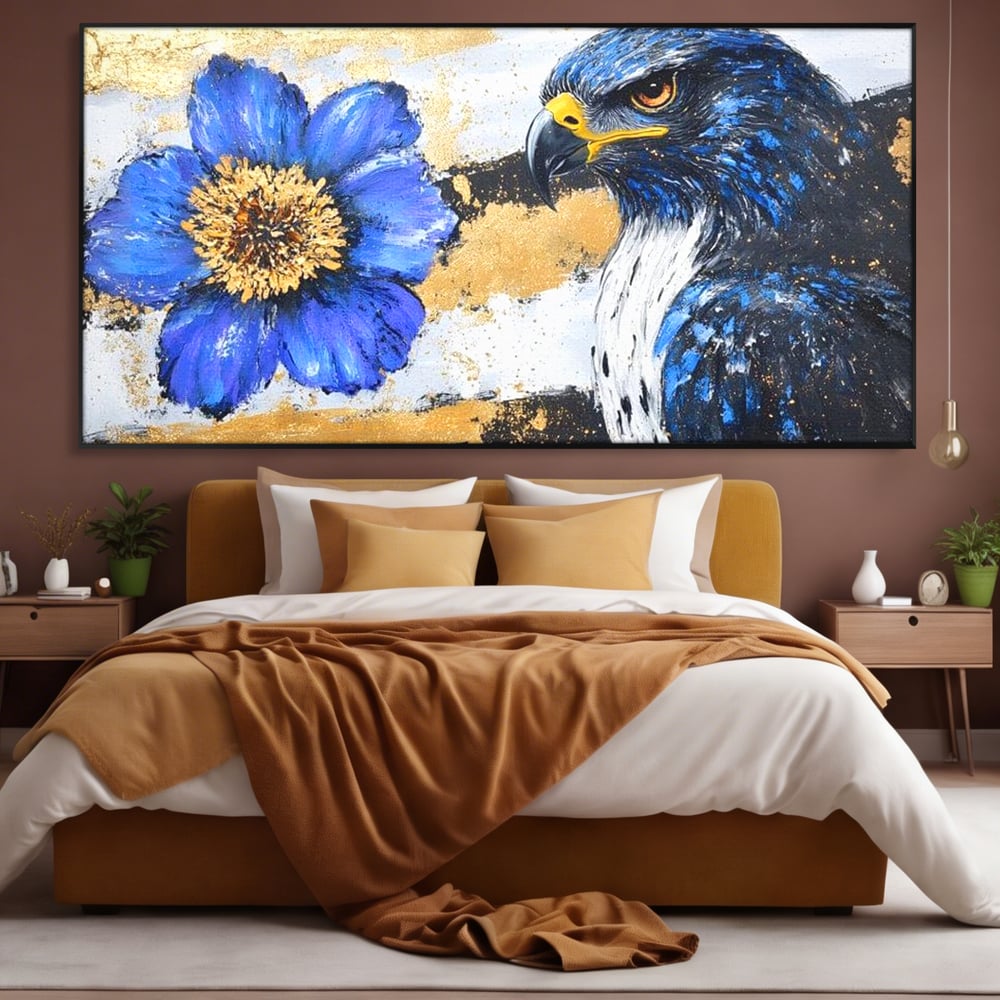 Tablou Canvas Premium, LuxCanva® M1089, Simbioza Regala, Soim, Floare, Petale, Textura, Auriu, Arta, Eleganta, Contrast, Pictura, Detalii, Cobalt, Regal, Birou, Living, Camera Copil