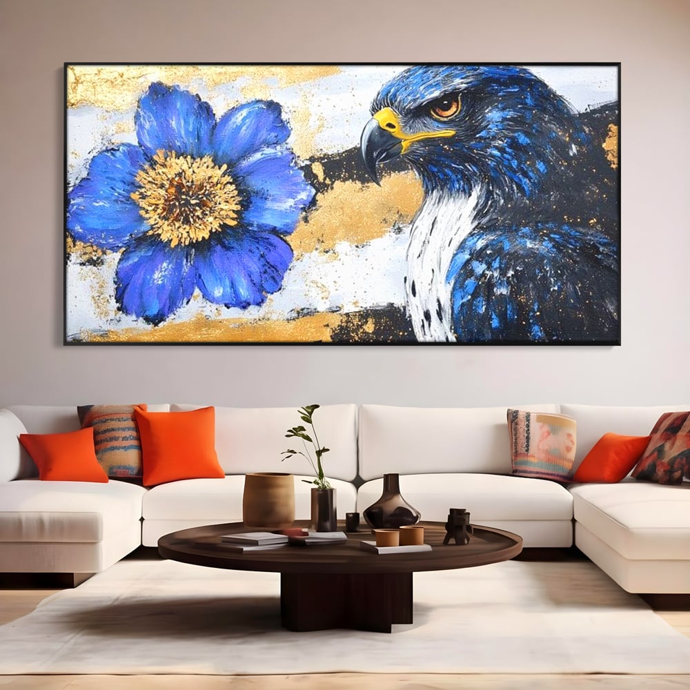 Tablou Canvas Premium, LuxCanva® M1089, Simbioza Regala, Soim, Floare, Petale, Textura, Auriu, Arta, Eleganta, Contrast, Pictura, Detalii, Cobalt, Regal, Birou, Living, Camera Copil