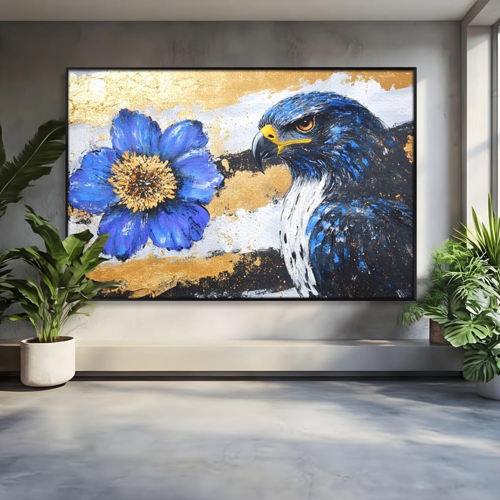 Tablou Canvas Premium, LuxCanva® M1089, Simbioza Regala, Soim, Floare, Petale, Textura, Auriu, Arta, Eleganta, Contrast, Pictura, Detalii, Cobalt, Regal, Birou, Living, Camera Copil