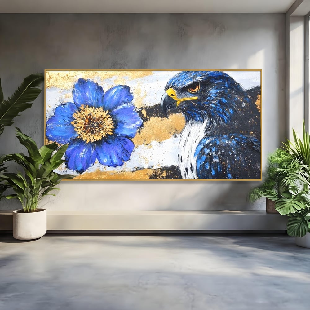Tablou Canvas Premium, LuxCanva® M1089, Simbioza Regala, Soim, Floare, Petale, Textura, Auriu, Arta, Eleganta, Contrast, Pictura, Detalii, Cobalt, Regal, Birou, Living, Camera Copil