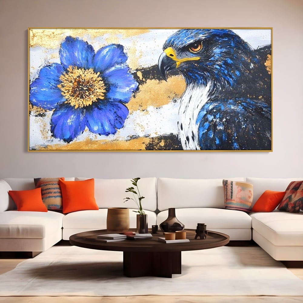 Tablou Canvas Premium, LuxCanva® M1089, Simbioza Regala, Soim, Floare, Petale, Textura, Auriu, Arta, Eleganta, Contrast, Pictura, Detalii, Cobalt, Regal, Birou, Living, Camera Copil
