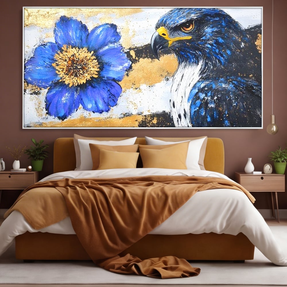 Tablou Canvas Premium, LuxCanva® M1089, Simbioza Regala, Soim, Floare, Petale, Textura, Auriu, Arta, Eleganta, Contrast, Pictura, Detalii, Cobalt, Regal, Birou, Living, Camera Copil