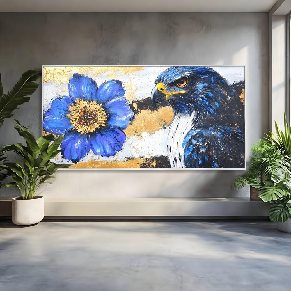 Tablou Canvas Premium, LuxCanva® M1089, Simbioza Regala, Soim, Floare, Petale, Textura, Auriu, Arta, Eleganta, Contrast, Pictura, Detalii, Cobalt, Regal, Birou, Living, Camera Copil