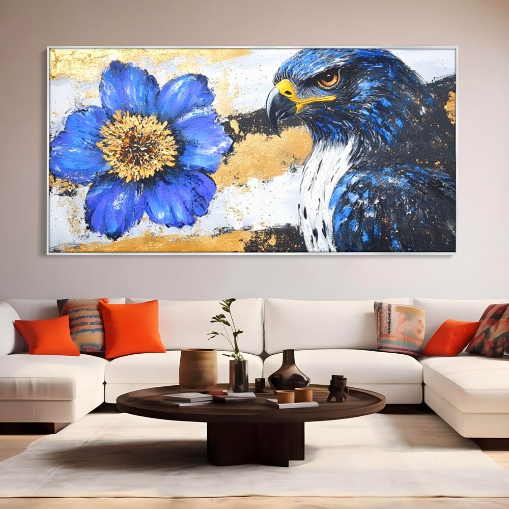Tablou Canvas Premium, LuxCanva® M1089, Simbioza Regala, Soim, Floare, Petale, Textura, Auriu, Arta, Eleganta, Contrast, Pictura, Detalii, Cobalt, Regal, Birou, Living, Camera Copil