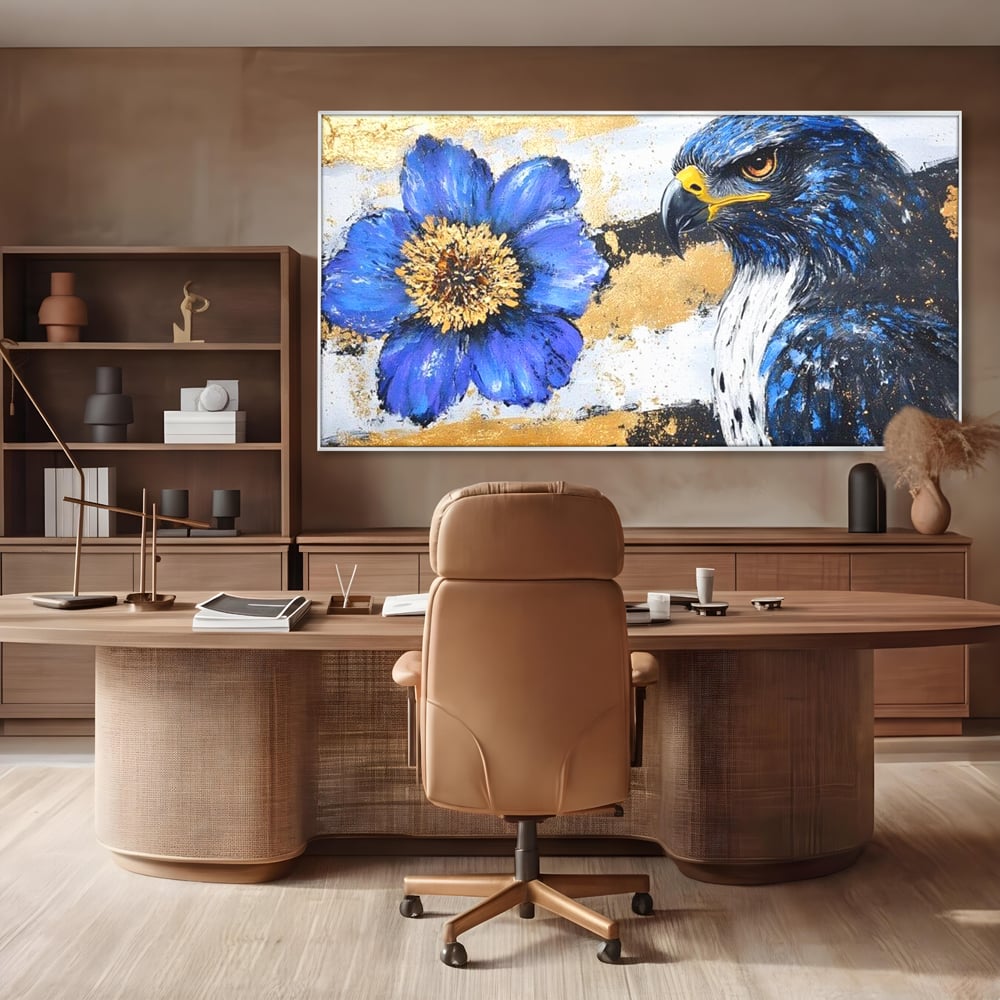 Tablou Canvas Premium, LuxCanva® M1089, Simbioza Regala, Soim, Floare, Petale, Textura, Auriu, Arta, Eleganta, Contrast, Pictura, Detalii, Cobalt, Regal, Birou, Living, Camera Copil