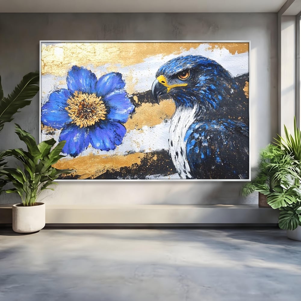 Tablou Canvas Premium, LuxCanva® M1089, Simbioza Regala, Soim, Floare, Petale, Textura, Auriu, Arta, Eleganta, Contrast, Pictura, Detalii, Cobalt, Regal, Birou, Living, Camera Copil