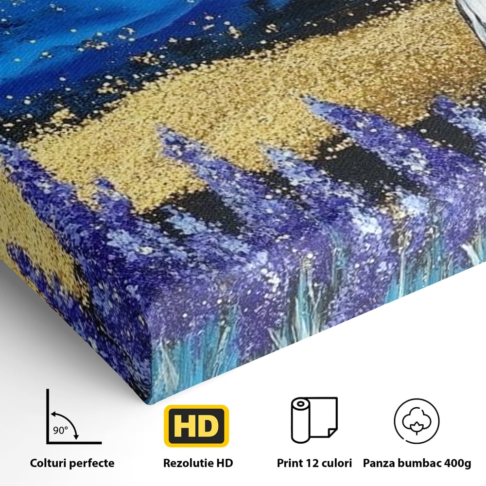 Tablou Canvas Premium, LuxCanva® M1090, Popas in Lavanda, Lavanda, Flori, Vultur, Pasare, Stralucire, Noapte, Simbolism, Violet, Pictura, Auriu, Birou, Living, Camera Copil