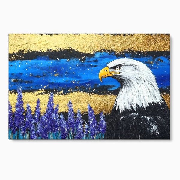 Tablou Canvas Premium, LuxCanva® M1090, Popas in Lavanda, Lavanda, Flori, Vultur, Pasare, Stralucire, Noapte, Simbolism, Violet, Pictura, Auriu, Birou, Living, Camera Copil