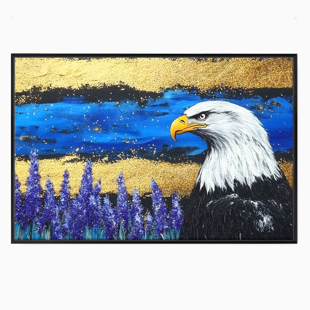 Tablou Canvas Premium, LuxCanva® M1090, Popas in Lavanda, Lavanda, Flori, Vultur, Pasare, Stralucire, Noapte, Simbolism, Violet, Pictura, Auriu, Birou, Living, Camera Copil