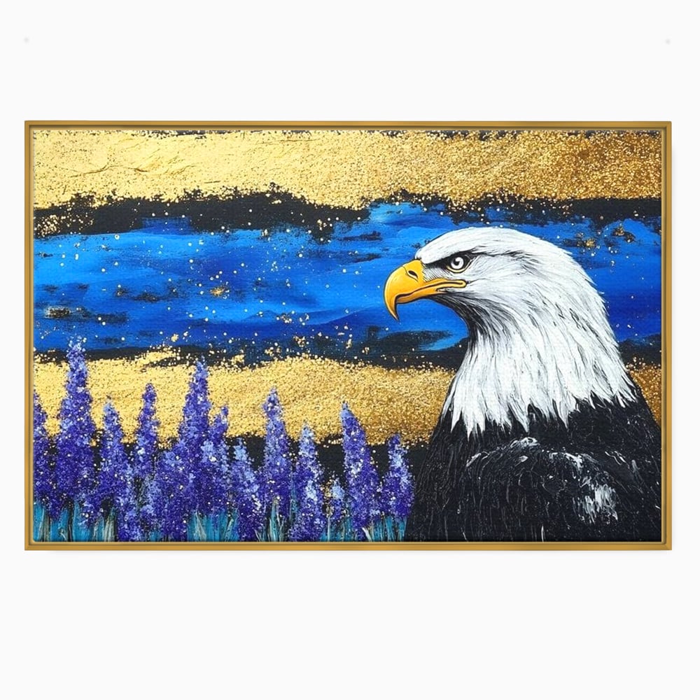 Tablou Canvas Premium, LuxCanva® M1090, Popas in Lavanda, Lavanda, Flori, Vultur, Pasare, Stralucire, Noapte, Simbolism, Violet, Pictura, Auriu, Birou, Living, Camera Copil