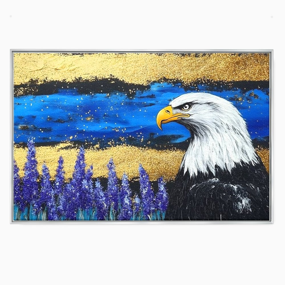 Tablou Canvas Premium, LuxCanva® M1090, Popas in Lavanda, Lavanda, Flori, Vultur, Pasare, Stralucire, Noapte, Simbolism, Violet, Pictura, Auriu, Birou, Living, Camera Copil