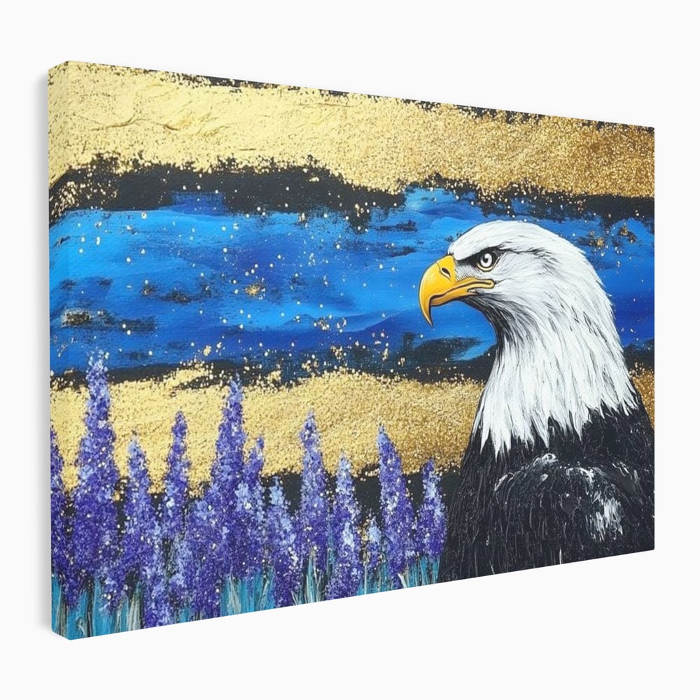 Tablou Canvas Premium, LuxCanva® M1090, Popas in Lavanda, Lavanda, Flori, Vultur, Pasare, Stralucire, Noapte, Simbolism, Violet, Pictura, Auriu, Birou, Living, Camera Copil