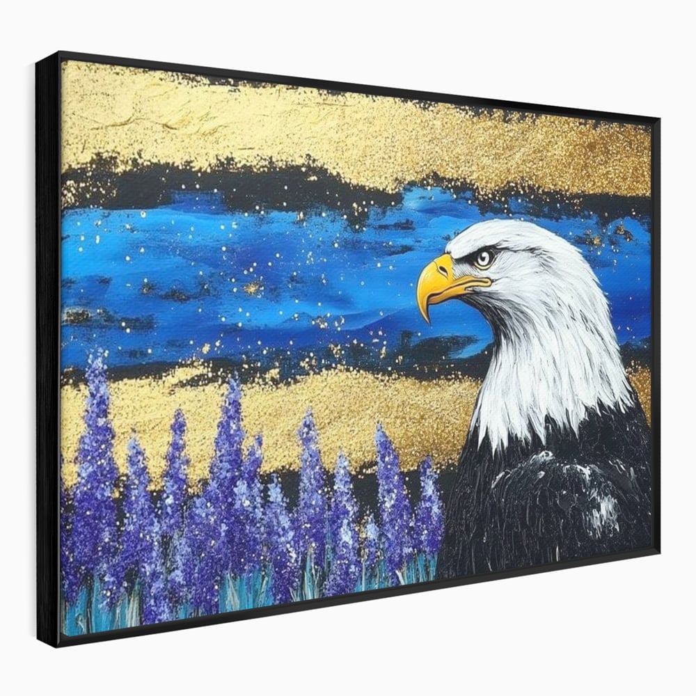 Tablou Canvas Premium, LuxCanva® M1090, Popas in Lavanda, Lavanda, Flori, Vultur, Pasare, Stralucire, Noapte, Simbolism, Violet, Pictura, Auriu, Birou, Living, Camera Copil