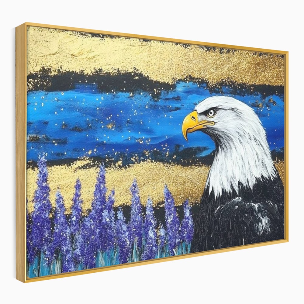 Tablou Canvas Premium, LuxCanva® M1090, Popas in Lavanda, Lavanda, Flori, Vultur, Pasare, Stralucire, Noapte, Simbolism, Violet, Pictura, Auriu, Birou, Living, Camera Copil