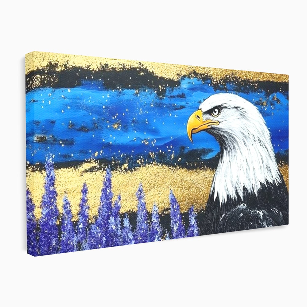 Tablou Canvas Premium, LuxCanva® M1090, Popas in Lavanda, Lavanda, Flori, Vultur, Pasare, Stralucire, Noapte, Simbolism, Violet, Pictura, Auriu, Birou, Living, Camera Copil
