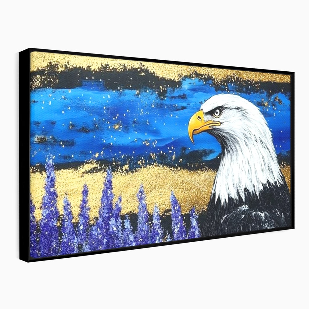 Tablou Canvas Premium, LuxCanva® M1090, Popas in Lavanda, Lavanda, Flori, Vultur, Pasare, Stralucire, Noapte, Simbolism, Violet, Pictura, Auriu, Birou, Living, Camera Copil