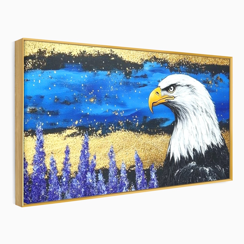 Tablou Canvas Premium, LuxCanva® M1090, Popas in Lavanda, Lavanda, Flori, Vultur, Pasare, Stralucire, Noapte, Simbolism, Violet, Pictura, Auriu, Birou, Living, Camera Copil