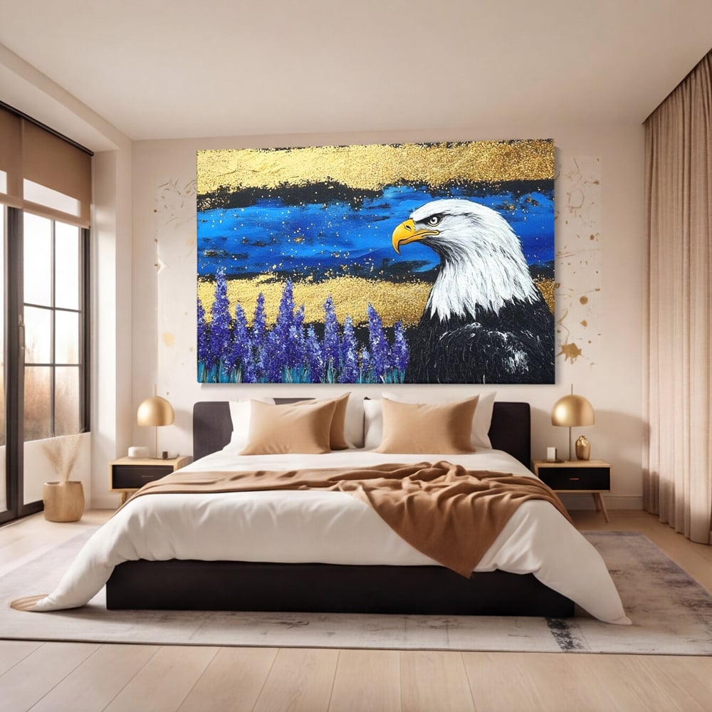 Tablou Canvas Premium, LuxCanva® M1090, Popas in Lavanda, Lavanda, Flori, Vultur, Pasare, Stralucire, Noapte, Simbolism, Violet, Pictura, Auriu, Birou, Living, Camera Copil