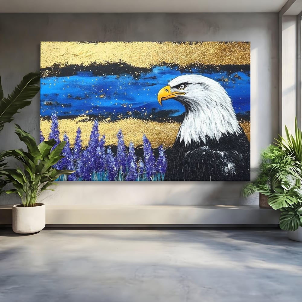 Tablou Canvas Premium, LuxCanva® M1090, Popas in Lavanda, Lavanda, Flori, Vultur, Pasare, Stralucire, Noapte, Simbolism, Violet, Pictura, Auriu, Birou, Living, Camera Copil