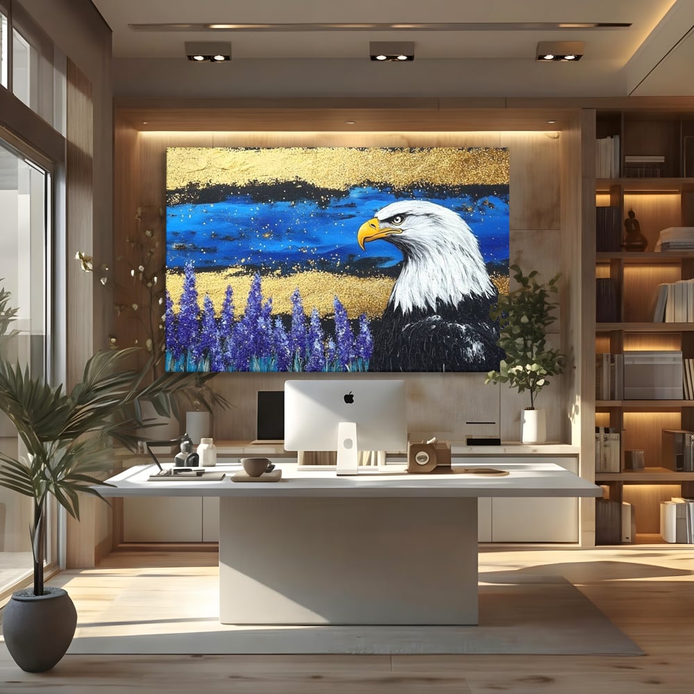 Tablou Canvas Premium, LuxCanva® M1090, Popas in Lavanda, Lavanda, Flori, Vultur, Pasare, Stralucire, Noapte, Simbolism, Violet, Pictura, Auriu, Birou, Living, Camera Copil