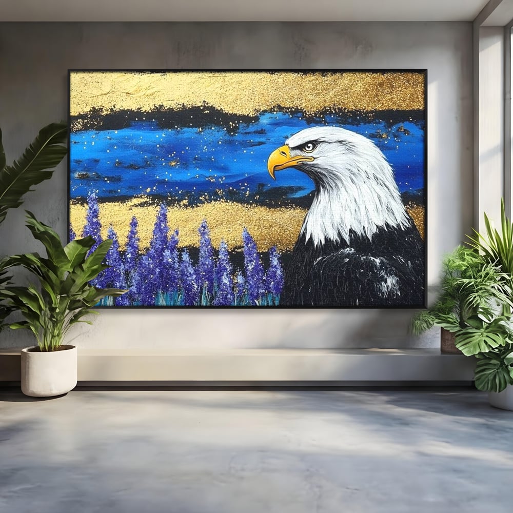 Tablou Canvas Premium, LuxCanva® M1090, Popas in Lavanda, Lavanda, Flori, Vultur, Pasare, Stralucire, Noapte, Simbolism, Violet, Pictura, Auriu, Birou, Living, Camera Copil