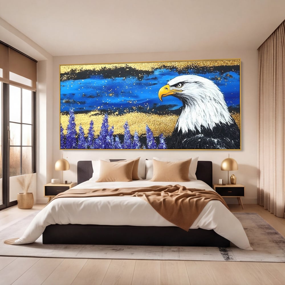 Tablou Canvas Premium, LuxCanva® M1090, Popas in Lavanda, Lavanda, Flori, Vultur, Pasare, Stralucire, Noapte, Simbolism, Violet, Pictura, Auriu, Birou, Living, Camera Copil
