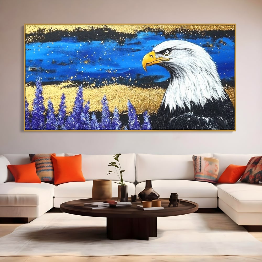 Tablou Canvas Premium, LuxCanva® M1090, Popas in Lavanda, Lavanda, Flori, Vultur, Pasare, Stralucire, Noapte, Simbolism, Violet, Pictura, Auriu, Birou, Living, Camera Copil
