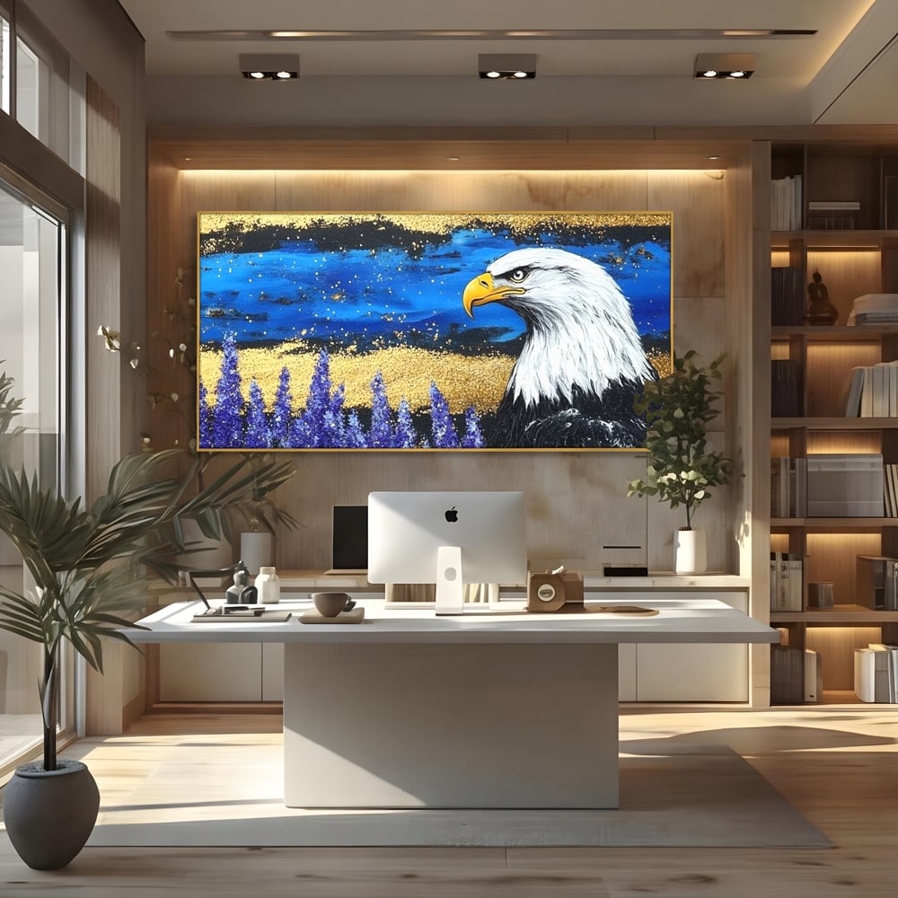 Tablou Canvas Premium, LuxCanva® M1090, Popas in Lavanda, Lavanda, Flori, Vultur, Pasare, Stralucire, Noapte, Simbolism, Violet, Pictura, Auriu, Birou, Living, Camera Copil