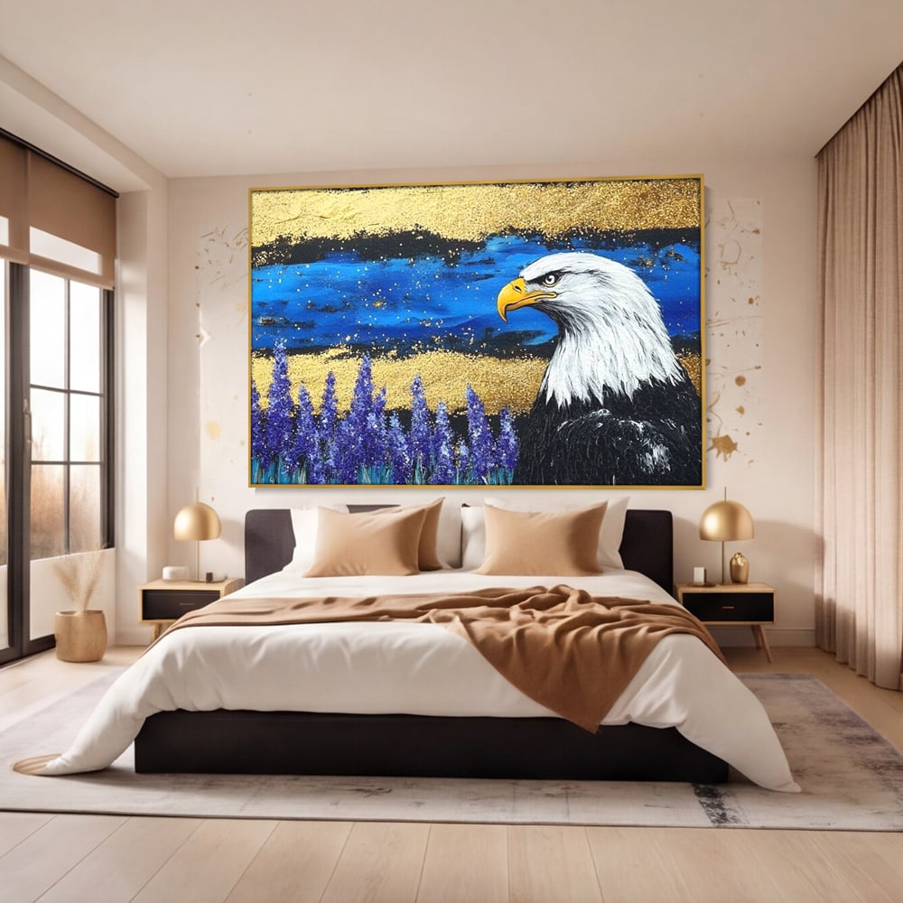 Tablou Canvas Premium, LuxCanva® M1090, Popas in Lavanda, Lavanda, Flori, Vultur, Pasare, Stralucire, Noapte, Simbolism, Violet, Pictura, Auriu, Birou, Living, Camera Copil