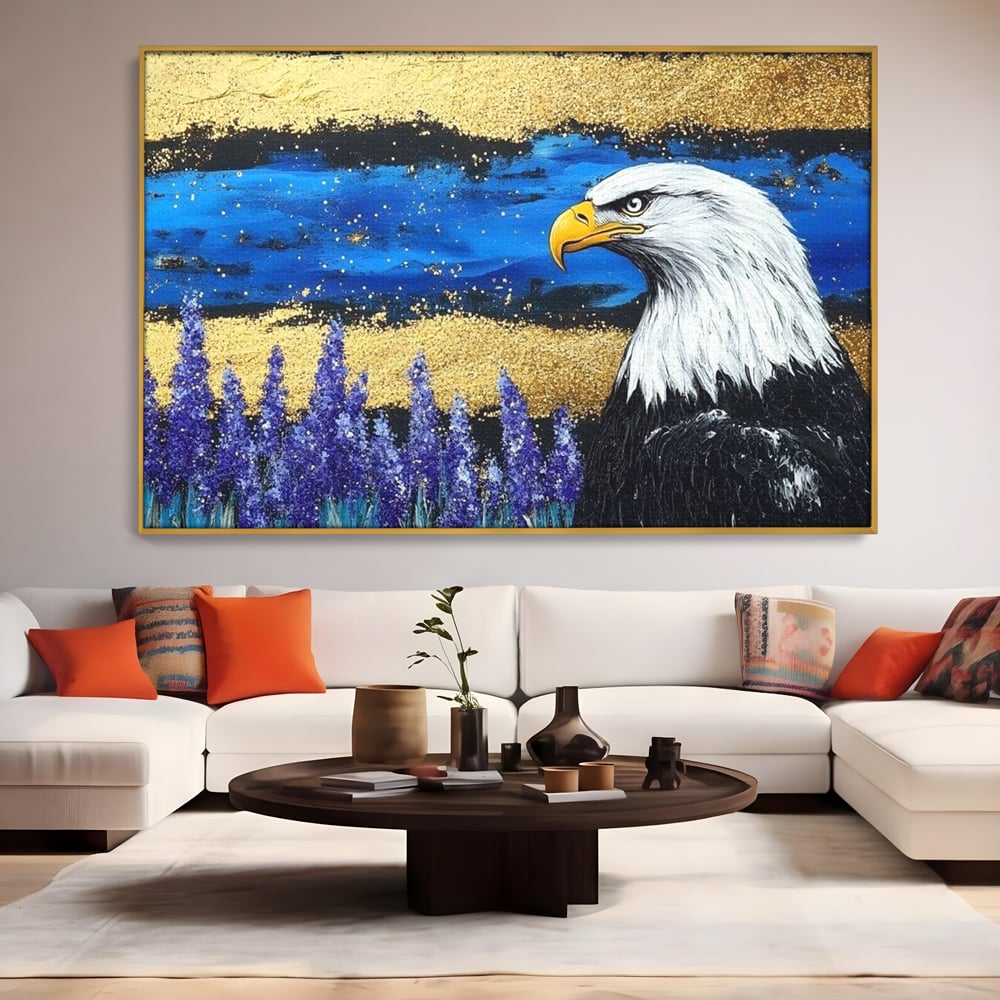 Tablou Canvas Premium, LuxCanva® M1090, Popas in Lavanda, Lavanda, Flori, Vultur, Pasare, Stralucire, Noapte, Simbolism, Violet, Pictura, Auriu, Birou, Living, Camera Copil