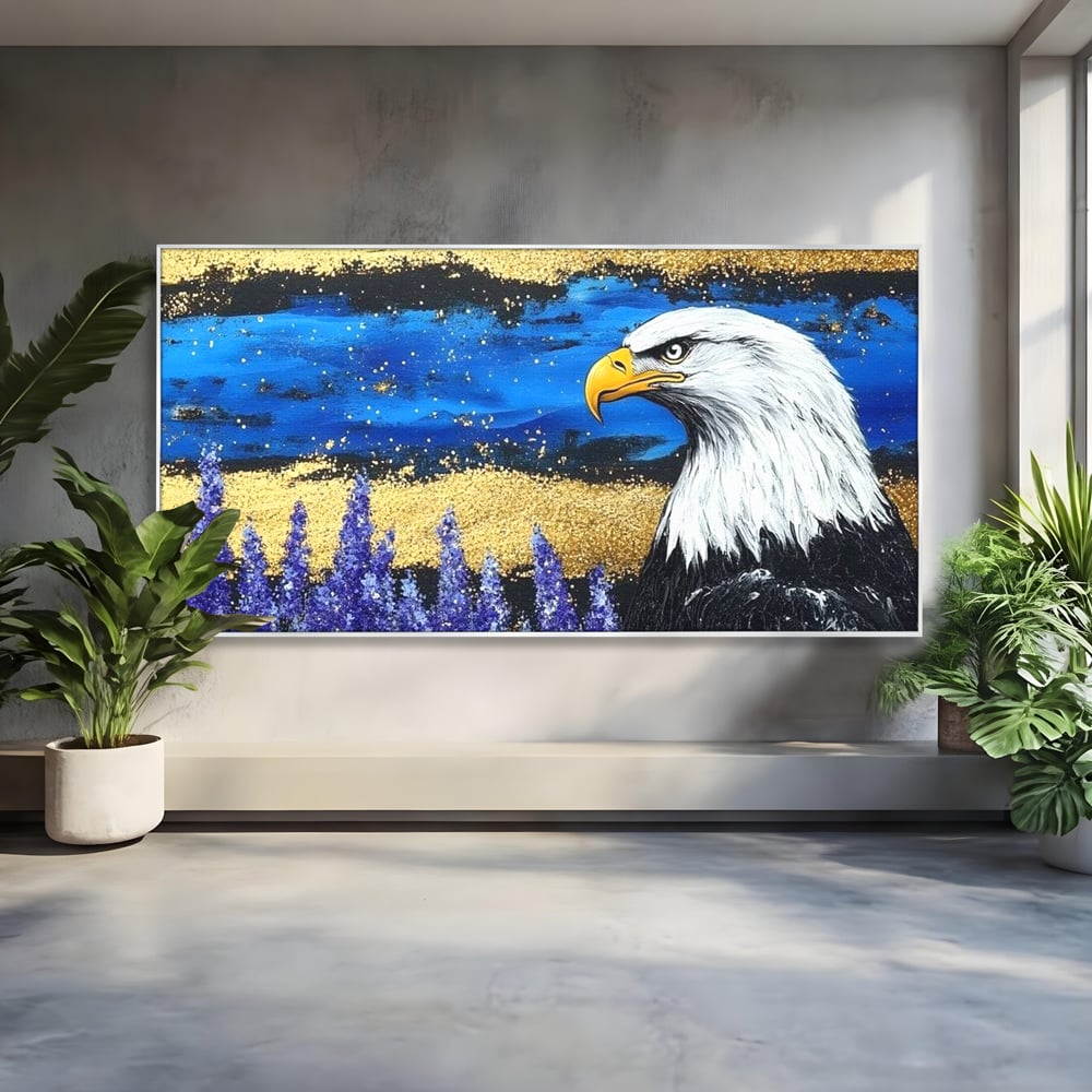 Tablou Canvas Premium, LuxCanva® M1090, Popas in Lavanda, Lavanda, Flori, Vultur, Pasare, Stralucire, Noapte, Simbolism, Violet, Pictura, Auriu, Birou, Living, Camera Copil