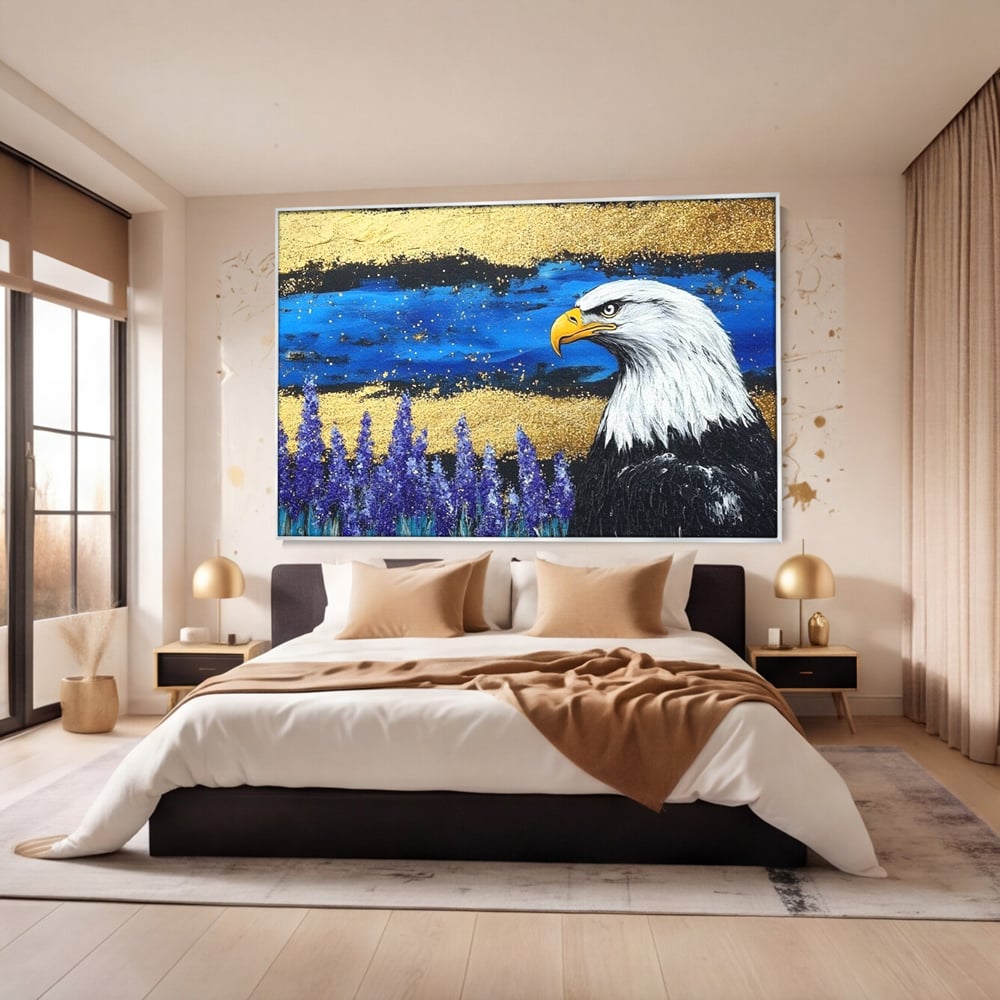 Tablou Canvas Premium, LuxCanva® M1090, Popas in Lavanda, Lavanda, Flori, Vultur, Pasare, Stralucire, Noapte, Simbolism, Violet, Pictura, Auriu, Birou, Living, Camera Copil