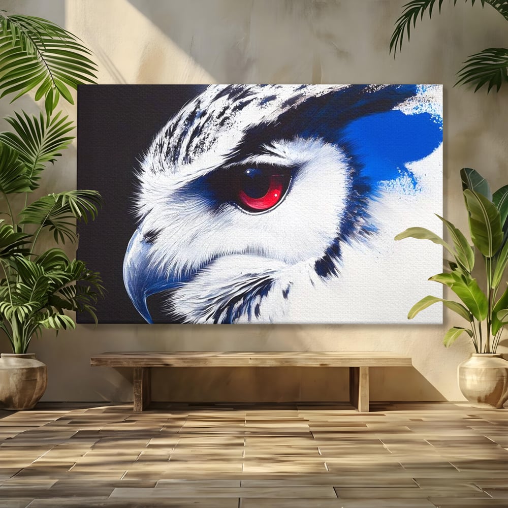 Leinwandbilder Premium, LuxCanva® M1091, Feuer in der Nacht Iris, Augen, Iris, Blick, Rot, Geheimnis, Weisheit, Textur, Tinte, Eule, Vogel, Portrait, Büro, Wohnen, Kinderzimmer